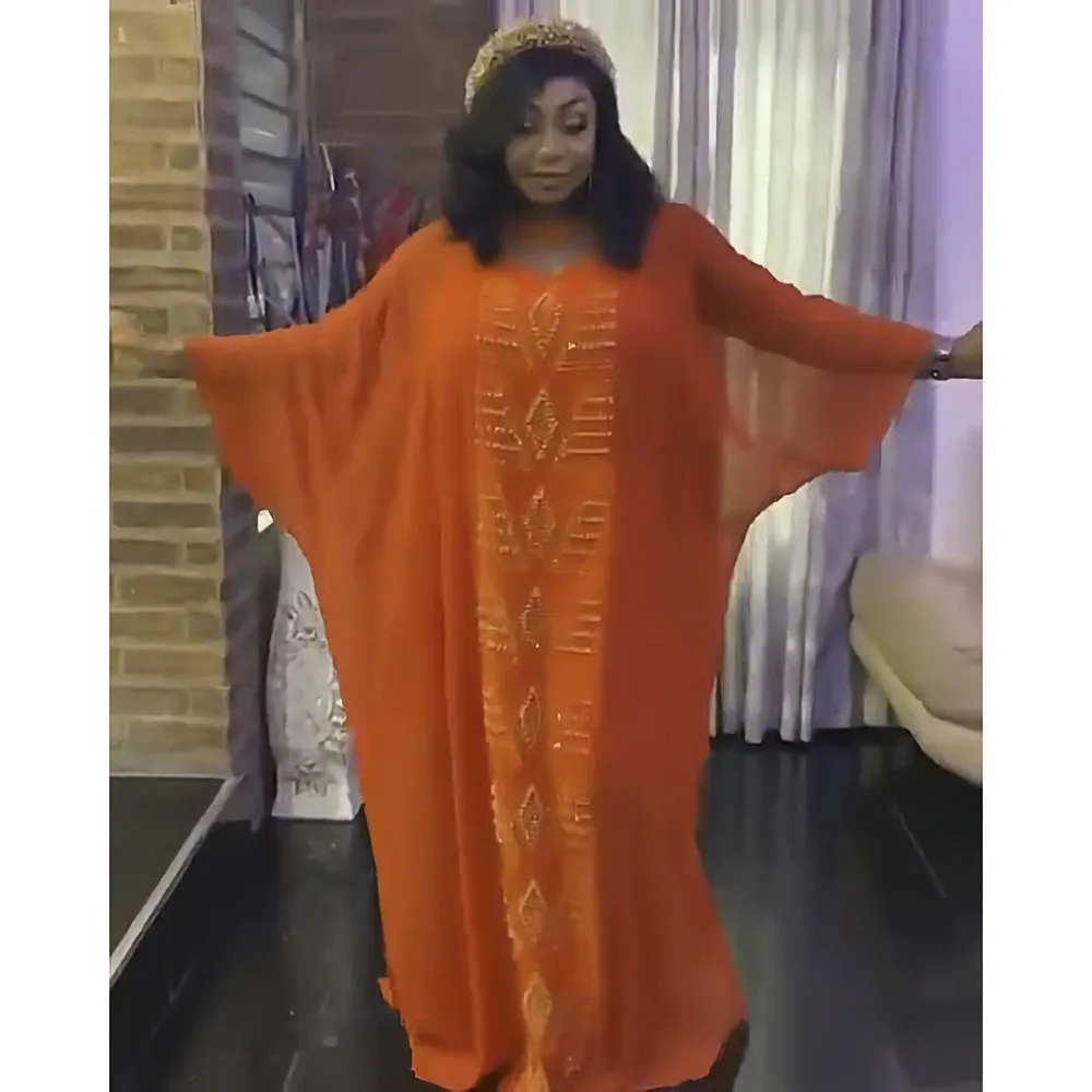 Black Hot Rhinestone Loose Robe Two Piece Set African Women