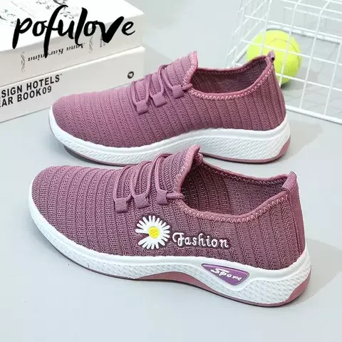 Pofulove Women Shoes Summer Mesh Breathable Outdoor Sports Running Walking Sneakers Casual Slip Light Shallow Footwear Zapatos