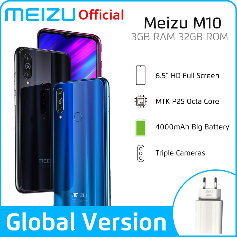 

New arrival Meizu M10 Global Version 3GB 32GB MTK P25 Octa Core Triple Camera Android phone 4000mAh Big Battery