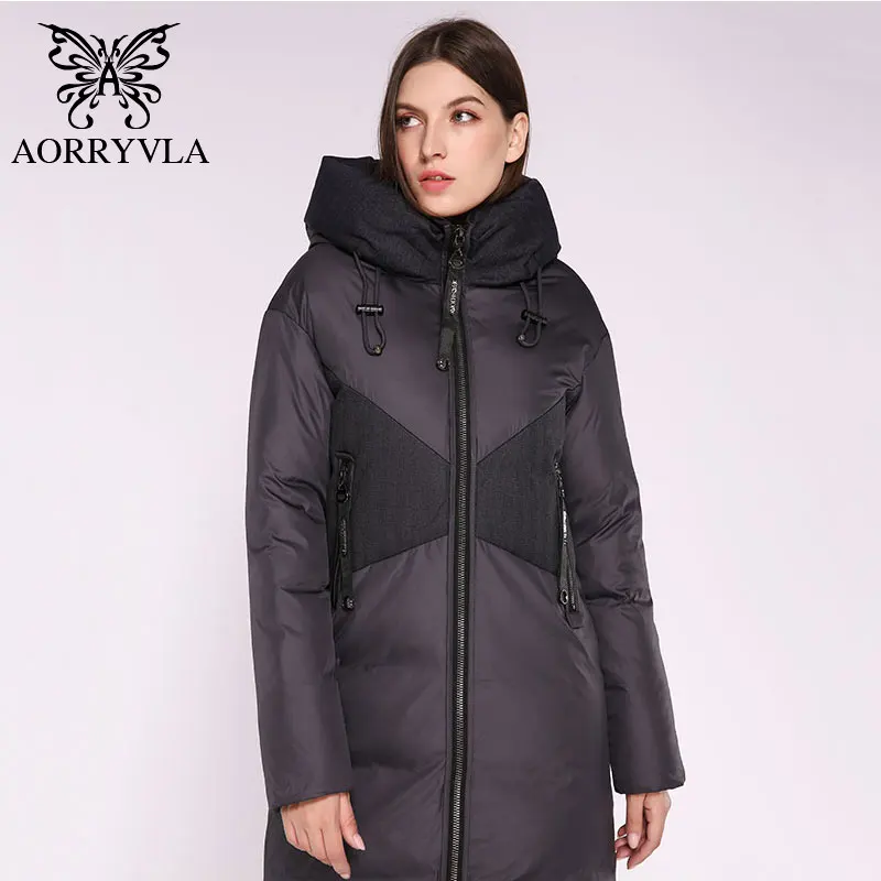Куртка AORRYVLA женская с капюшоном модный длинный пуховик теплая верхняя одежда