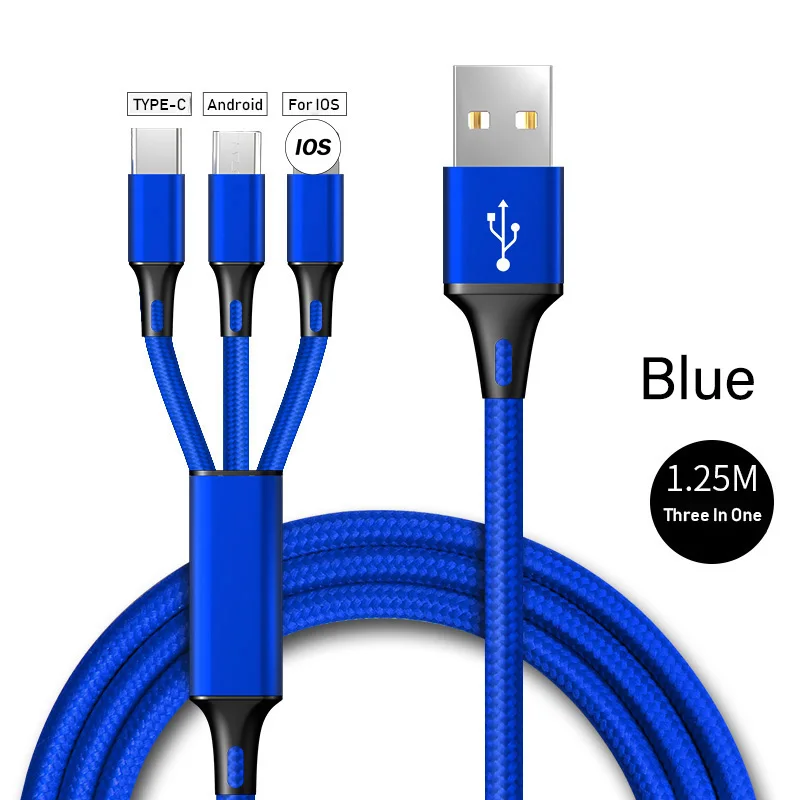 3 в 1 USB кабель для iPhone XS Max X 7 2.4A Быстрая зарядка зарядное устройство type-C Micro USB кабель для samsung S10 мобильный телефон USB C шнур - Тип штекера: Blue
