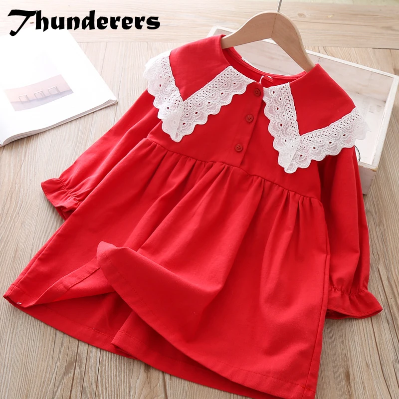 

Thunderers Spring Autumn Kids Princess Dress For Girls 3 Color Lace Girl Party Dresses Cute Cotton Children Wedding Dresses