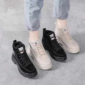 

Heel Ankle Boots Women Casual Shoes High Top Sneakers Girls College Wind Lace Up Shoes British Style Black Cool Short Boots