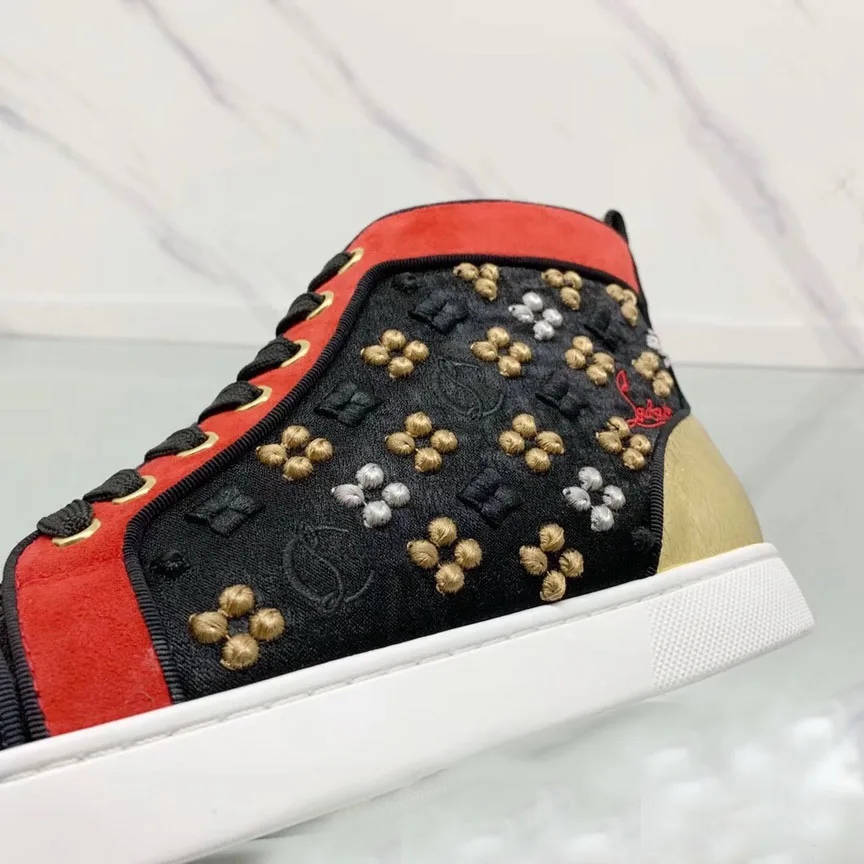 

Top High Top Leisure Shoe Lace Up Black Suede Jacquard Brocade Red Bottom For Men Shoes Sneakers Leather Flat Loafers