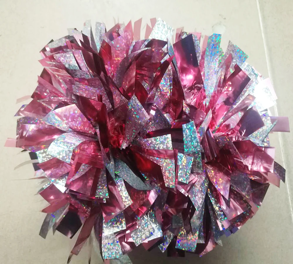 Cheerleader Pom Poms with Holographic Silver, Baton Handle, Metallic Pink, 6 ", 1 Piece