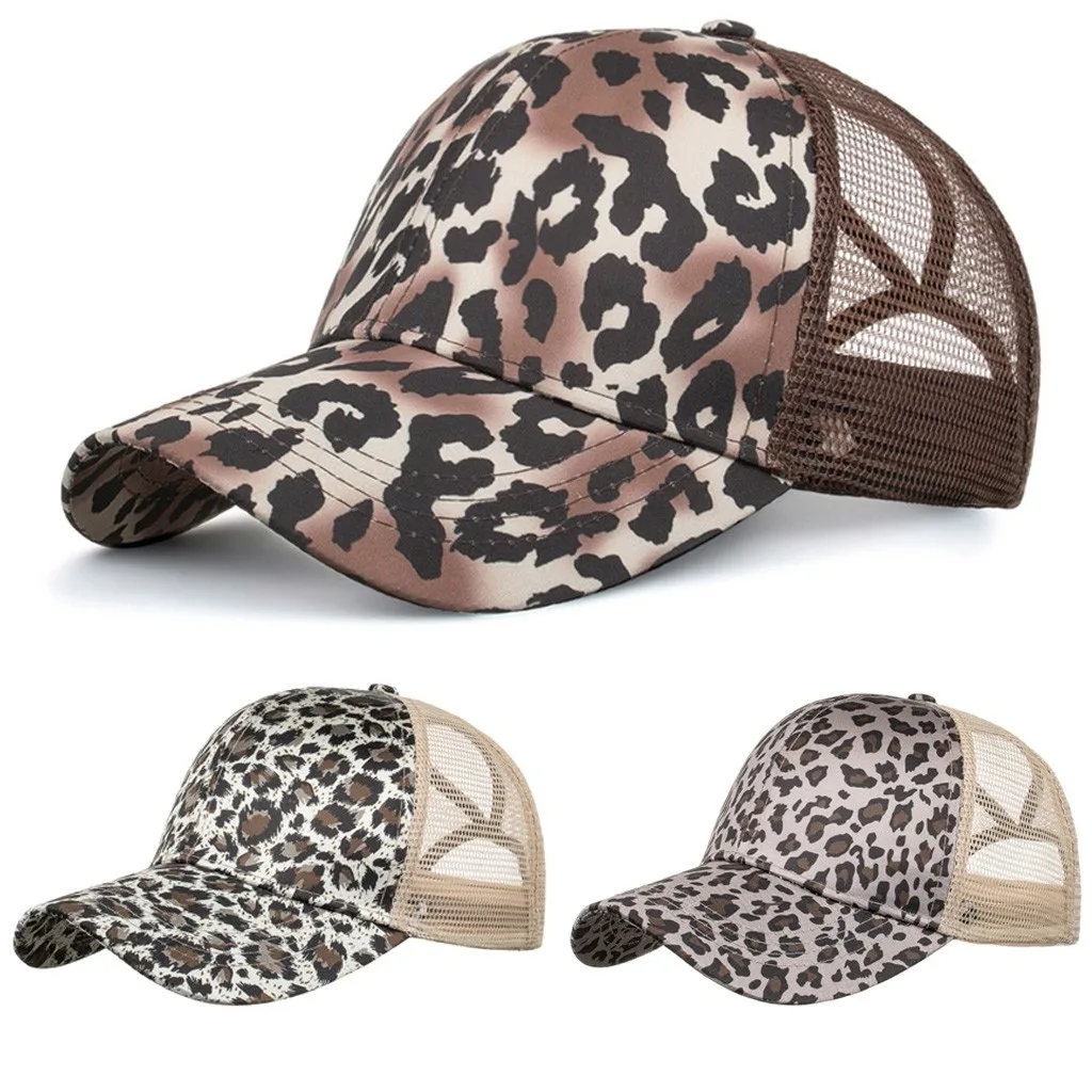 Women Baseball Cap Homme Snapback Adjustable Glitter Ponytail Leopard Print Summer Sunhat Mesh Trucker Hat Casquette Femme #27 | Спорт и