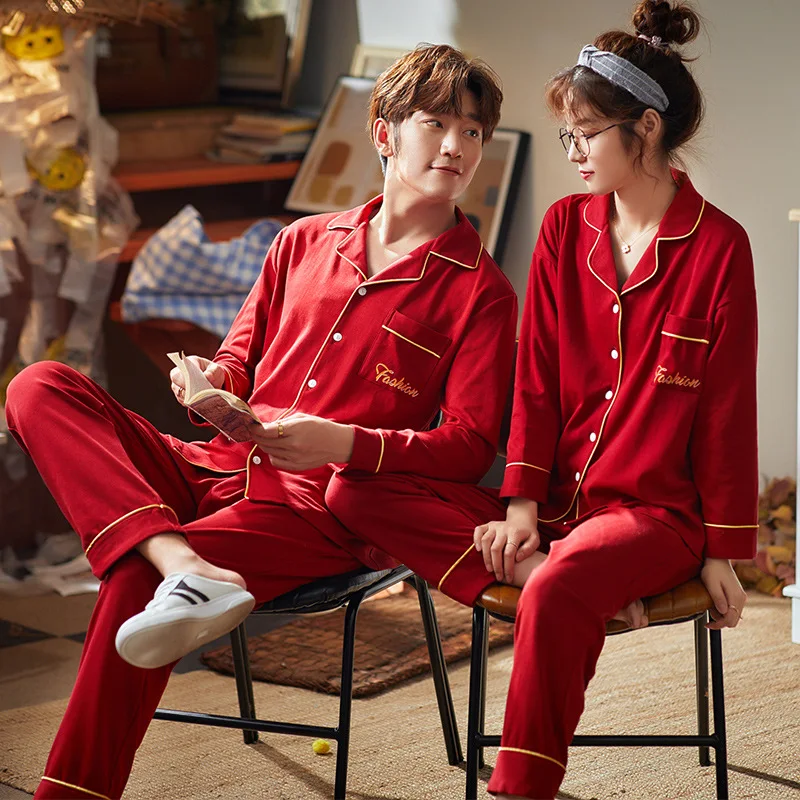 

Marriage Pajamas Women's Couples Pajamas Suit Red Spring And Autumn New Style Long Sleeve Pure Cotton WOMEN'S Pajamas Cardigan