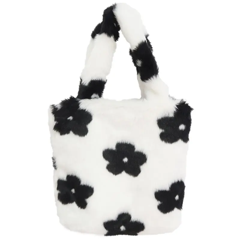 Soft Milk Cow Printed Faux Fur Shoulder Bags Womens Large Books Crossbody Bag New Girls Students Large Capacity Messenger Bags photo