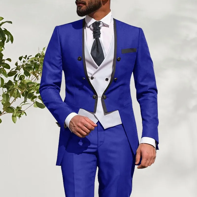 

New Style Men Suits Royal Blue and White Groom Tuxedos Round Lapel Groomsmen 3 Pieces Set ( Jacket + Pants + Vest + Tie)
