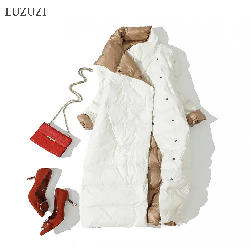 

LUZUZI Women Double Sided Down Long Jacket Winter Turtleneck White Duck Down Coat Double Breasted Warm Parkas Snow Outwear
