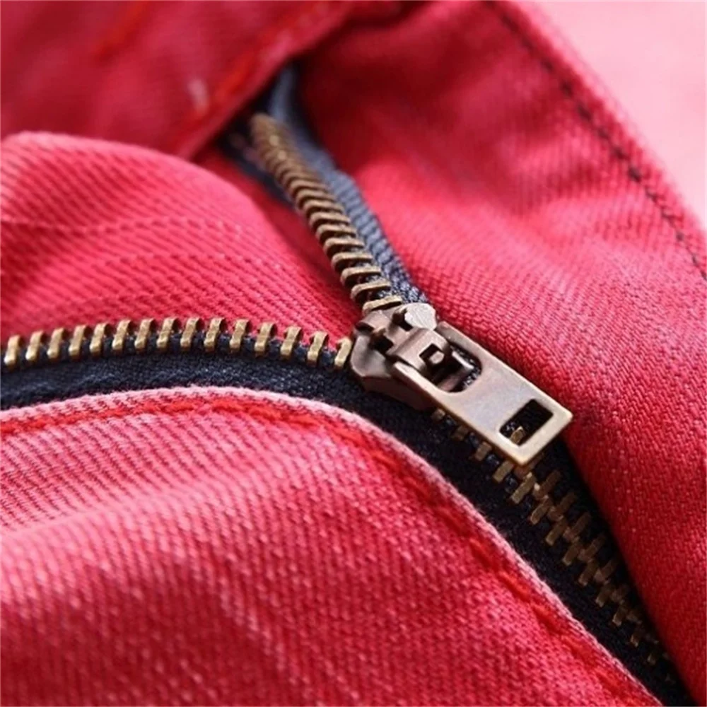EH · MD® Pleated Hole Patch Red Jeans Men's Cotton Soft Small Straight High Street Personalized Slim Pants Motorcycle 2020 New