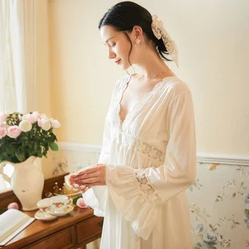 

2 Pieces White Lace Pur Cotton Women's Vintage Long Nightgowns Autumn Sleepwear Elegant Female Night Dress Home Wear Sleepwear