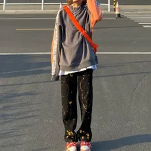 

Streetwear Jeans Woman High Waist Korean Fashion Splash Ink Denim Trousers Hip Hop Loose Straight Jeans Versatile Casual Pants