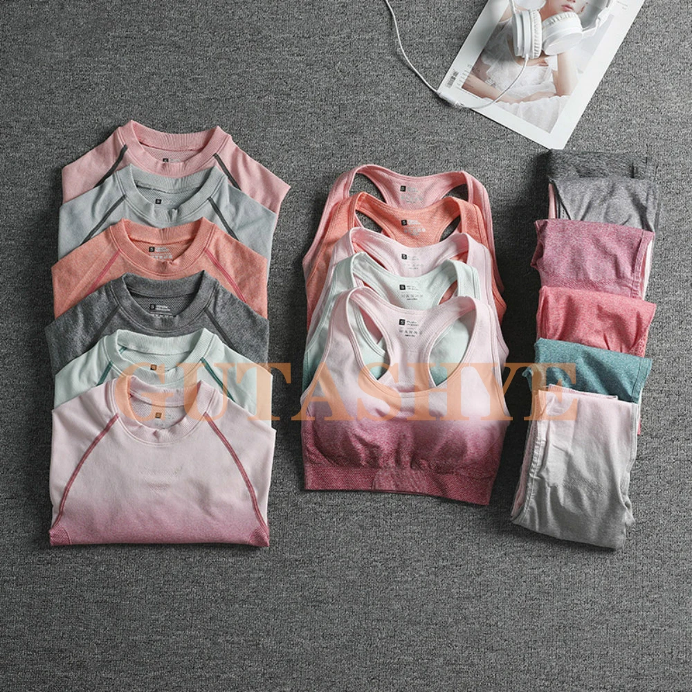 

GUTA Gradient Yoga Set Gradient Sportswear Breathable Running Suit Fitness Clothing Women Gym Leggings Workout Clothes 3 pcs/Set