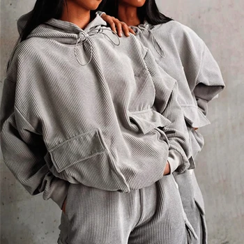 

Women's Corduroy Pockets Hooded Two Piece Set 2020 New Autumn and Winter Loose Sweater Casual Loose Suit outfits for women
