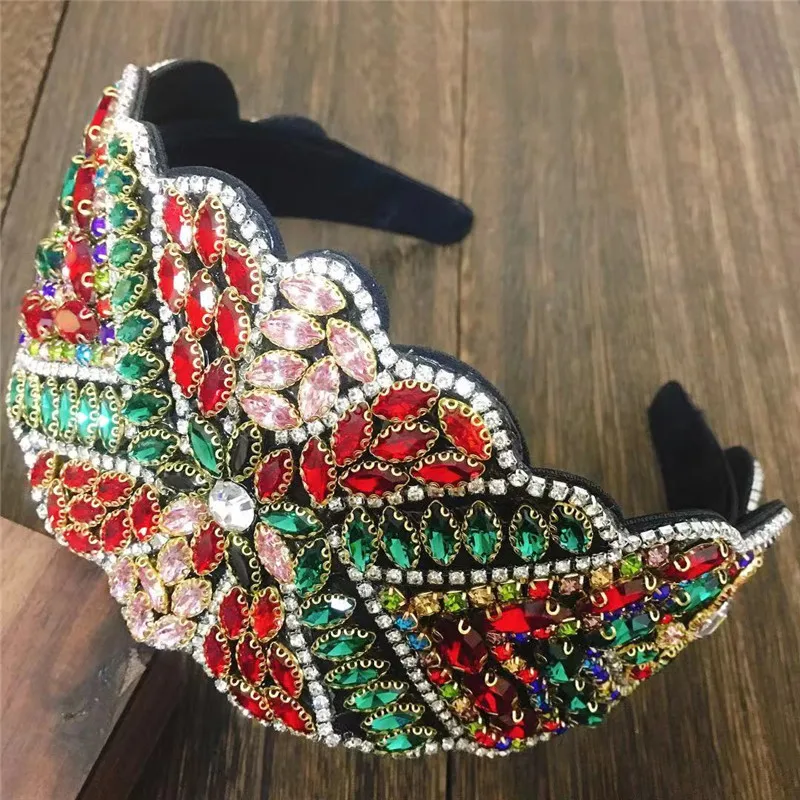 New Design Wide Luxury Baroque Rhinestone Headband For Women Full Crystal Colorful Diamond Hairband Hair Hoop Girls Gift papillon dog figurine papillon dog bejeweled czech rhinestone enamel trinket hinged gift box papillon jewelled trinket box