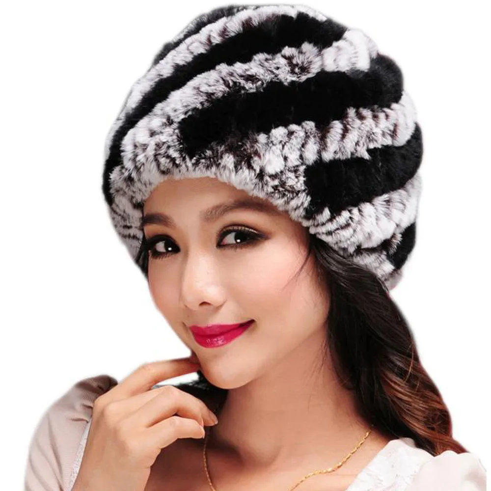 

Winter Russian Women Hats Handmade Knitted Genuine Rex Rabbit Fur Cap Warm Quality Rabbit Fur Beanies Hat #Zer