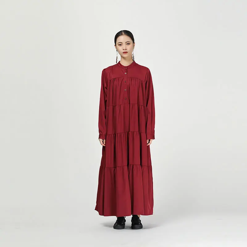 XITAO Длинное Макси платье большого размера женское корейское модное Плиссированное однобортное осеннее лоскутное винтажное платье с рюшами WQR1646 - Цвет: red   WQR1646