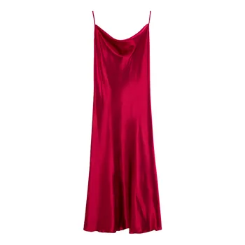 

Nightgowns Summer Satin Sleepdress Soft Red Nightwear Women Spaghetti Strap Nightdress Sexy Backless Sleepwears For Female