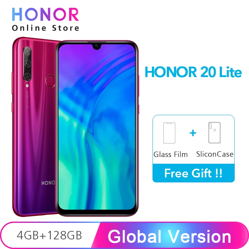 Глобальная версия Honor 20 Lite, 4 Гб, 128 ГБ, фронтальная, 32 МП, Kirin 710, четыре ядра, Android 9,0, мобильный телефон с функцией распознавания лица, 24 МП, камера заднего вида