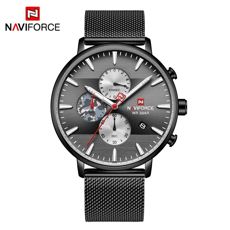 NAVIFORCE, военные спортивные кварцевые часы, мужские многофункциональные часы с хронографом и календарем, брендовые Роскошные наручные часы с сетчатым ремешком - Цвет: BLACK