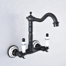 Kitchen Wet Bar Bathroom Vessel Sink Faucet Black Oil Rubbed Brass Wall Mounted Swivel Spout Mixer Tap Dual Ceramic Lever msf762