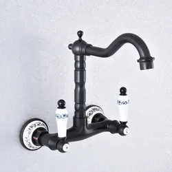 Kitchen Wet Bar Bathroom Vessel Sink Faucet Black Oil Rubbed Brass Wall Mounted Swivel Spout Mixer Tap Dual Ceramic Lever msf762