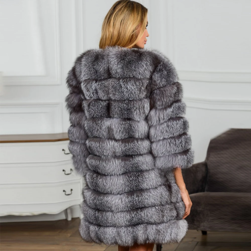 TOPFUR, модное женское пальто с натуральным мехом средней длины, одежда из натурального меха серебристой лисы, Женское пальто с рукавом три четверти, серая куртка