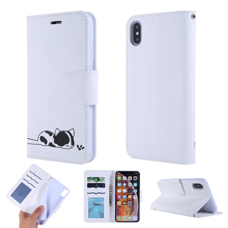 Кота из искусственной кожи чехол для iPhone XSmax Xr 8 клапаном с ремешок чехол для samsung S10lite S9 J4 J6Plus a20e 50 a7 10 70 a6 - Цвет: White