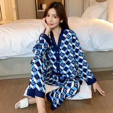 High-grade ice silk letter printing Women's home clothes V-neck long-sleeved trousers set woman 2 pieces pajamas for women