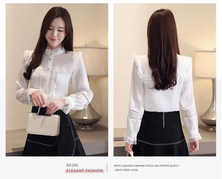 Korean Fashion Chiffon Women Blouses Autumn Lace White Women Shirts Plus Size XXL Blusas Femininas Elegante Ladies Tops