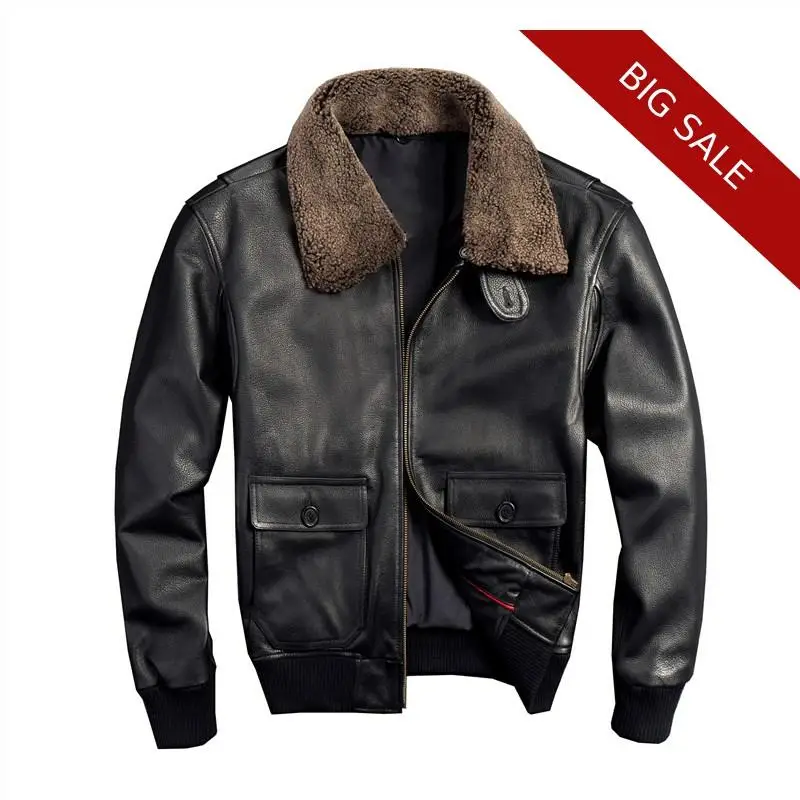 

2020 Black Men Military Pilot Leather Jacket Wool Collar Large Size XXXXL Genuine Cowhide Russian Autumn Military Aviator Coat