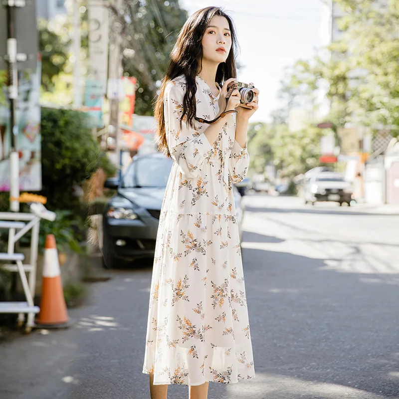 

2019 Autumn And Winter New Style Long Sleeve Mid-length Lace-up Hipster Loose-Fit Slimming Elastic Waist Skirt Floral-Print Dres