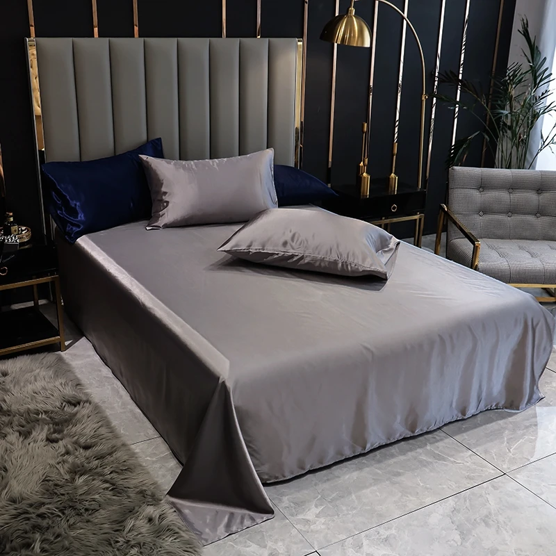 1pc Bed Linen Satin Blue Solid Color Smooth Queen Size Flat Bed Sheet King Top Sheet for Beds(pillowcase need order)