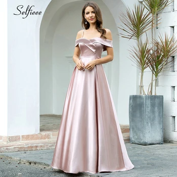 

Elegant Mauve Maxi Dress A-Line Ruched V-Neck Spaghetti Straps Off The Shoulder Draped Women Satin Party Dress Robe Femme 2020