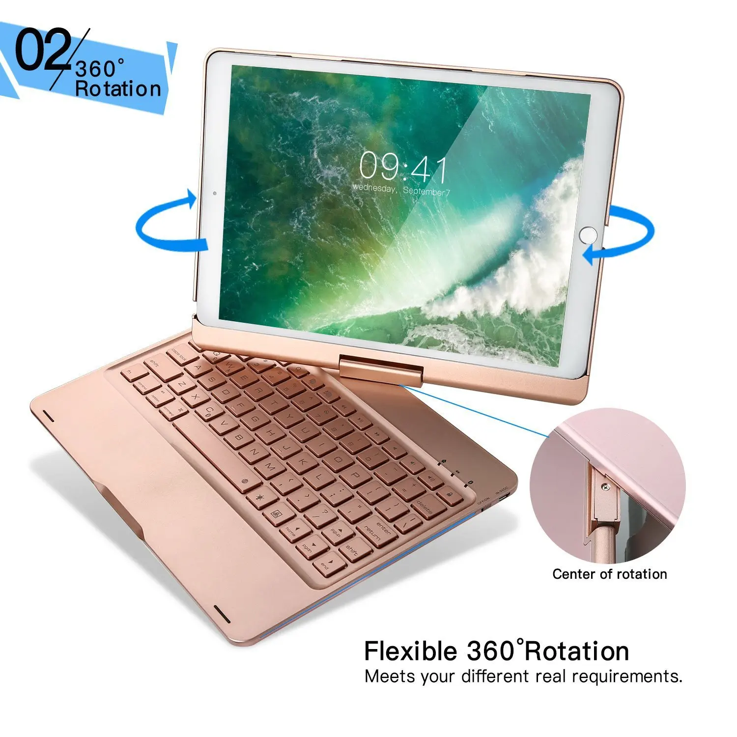 

Aluminum Bluetooth Keyboard with Rotating Cover Case Colorful Breathing Light for IPad Air/iPad Air2/iPad Pro9.7/217 New IPad