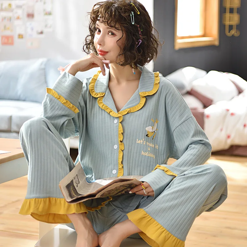 Новая осенне-зимняя одежда для сна, комплекты из 2 предметов для женщин, хлопковые пижамы с отложным воротником, домашняя одежда мягкого размера плюс, пижама, пижама XXXL - Цвет: Blue-1