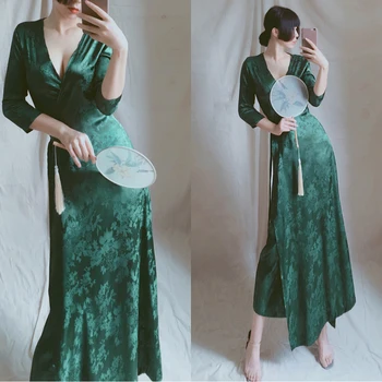 

Jacquard Satin Chinoiserie Evening Dress One-piece Belt Sexy V-Neck Dark Green Women Formal Gowns Three-quarter Sleeves Robe