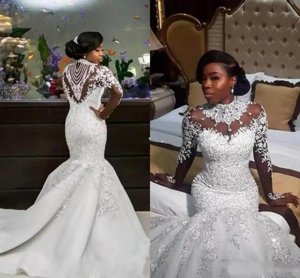 Роскошные Африканские свадебные платья русалки vestido de novia, свадебное платье с длинным рукавом, прозрачные кружевные свадебные платья на заказ