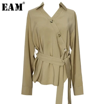 

[EAM] Women Khaki Button Bandage Temperament Blouse New V-collar Long Sleeve Loose Fit Shirt Fashion Spring Autumn 2020 1S499