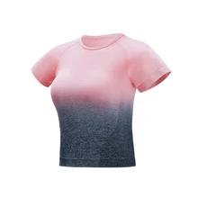 Женские спортивные брюки для занятий йогой футболки бесшовные спортивная, с коротким рукавом спортивные укороченный рубашка Спортивная одежда четырехходовой тянущиеся для фитнеса тренажерный зал топы Спортивные