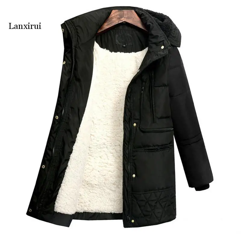 Lanxirui зимние женские шерстяные куртки размера плюс с хлопковой подкладкой длинное пальто тонкие парки с капюшоном женская теплая куртка верхняя одежда