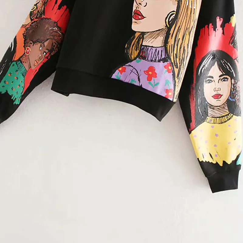  Streetwear Character Print Hooded Hoodies Women Long Sleeve Loose Black Sweatshirts Pullover Tops A