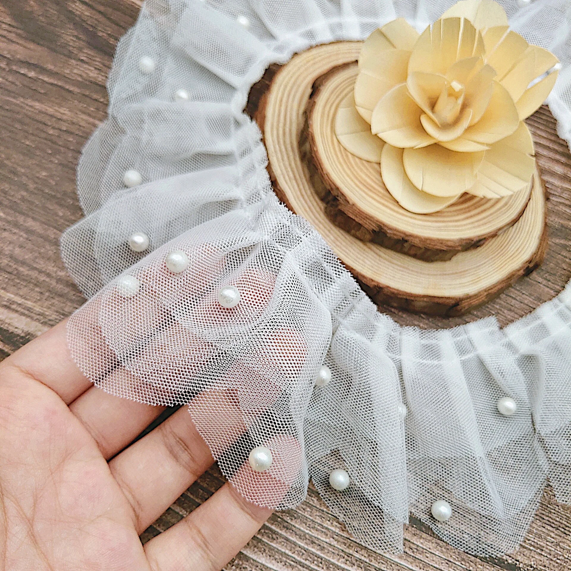 

7CM Width Double Layer Chiffon Folds Beaded Pearl Tulle Lace Fabric DIY Mesh Cuffs Skirt Handmade Clothes Sewing Garment Accesso