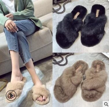 fur crossover slippers