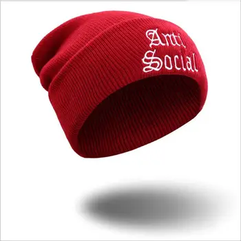 

ANTI SOCIAL Letters Embroidery Beanie Skullies Men Women Winter Solid Color Knit Baggy Hat Unisex Lovers Bonnet Cap