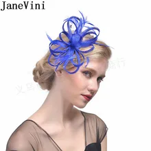JaneVini Свадебная заколка с перьями винтажные черные королевские синие Свадебные шляпы и вуалетки для женщин Коктейльные Вечерние головные уборы