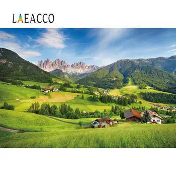 

Laeacco Photography Backgrounds Spring Green Grass Mountain Farm Blue Sky Scenic Photographic Backdrop For Photo Studio