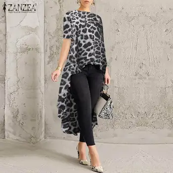 

Fashion Leopard Shirt Women Asymmetrical Blouse 2020 ZANZEA Casual Short Sleeve Blusas Female O Neck Tops Tunic Plus Size Mujer