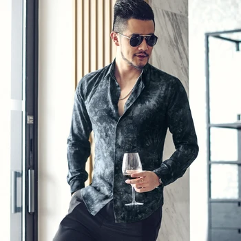 

New Autumn Pad Printed Shirt Type Men's Shirt Thin Men's Wear Dark Long Sleeve Leisure Shirt S875-6